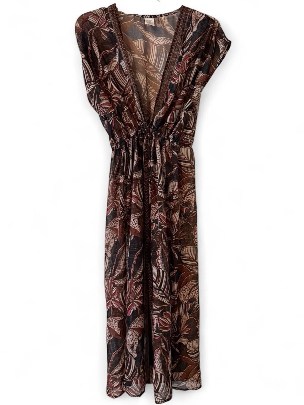 sofia by sofia vergara Brown and Black Leaf-Print V-Neck Maxi Dress Cover Up